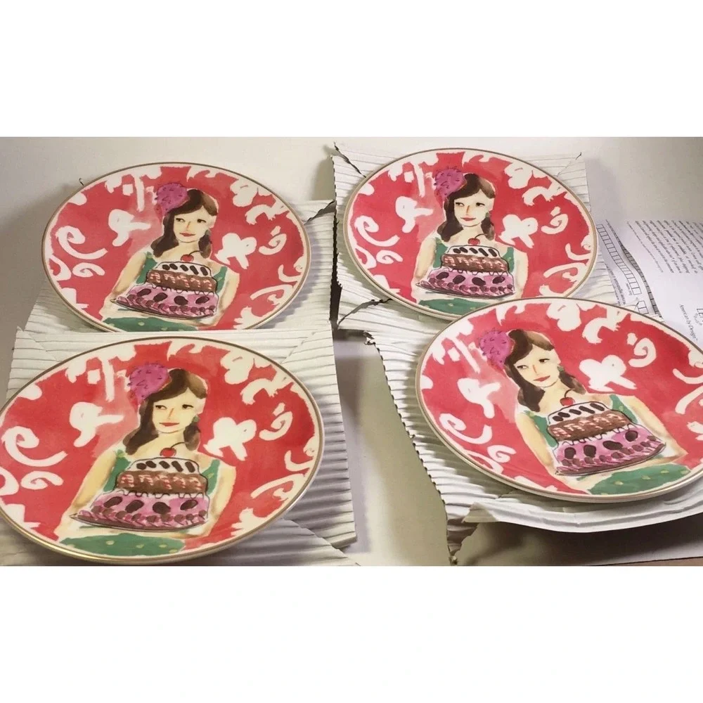 Lenox Kate Spade New York Set of 4 Cake Illustration Appetizer Plates NEW